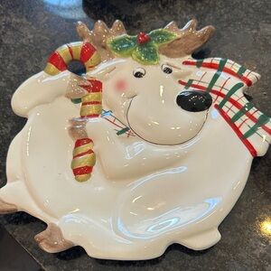 Fitz and Floyd Reindeer Plate with Red and Green Accents